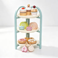 Three-Tier Dessert Stand Circular Tiers Wooden Tiered Stand Toy Wooden Pretend Toy Treats Set for Children