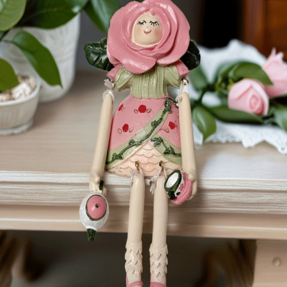 Angel Figurine with Rose Hood Floral Resin Angel Statue Hand-Painted Girl Sculpture Serene Decor Calming for Collectors, Desk