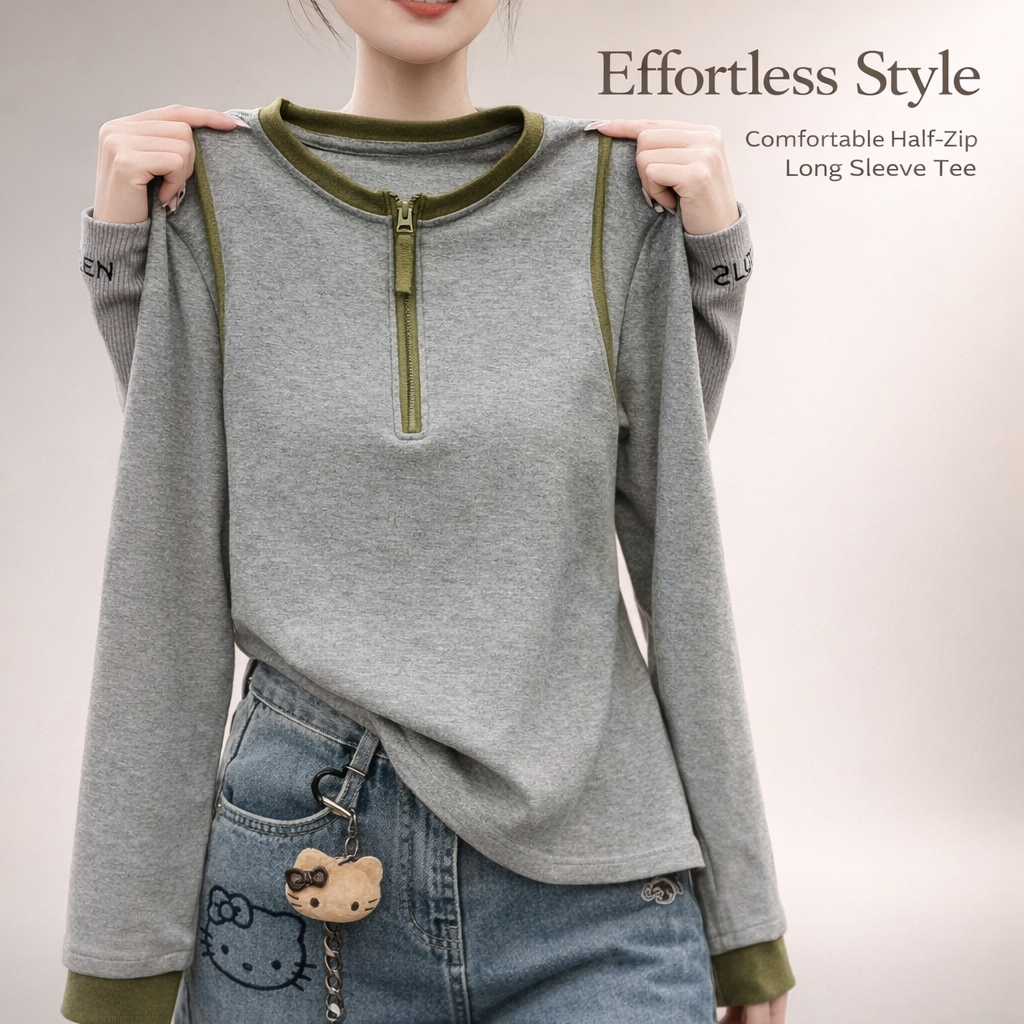 Quarter Zip Base Layer for Women with Half Zipper Long Sleeve Pullover Top, Completely Pure Casual Color Shirt for Autumn Winter, Plus Size Fit