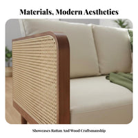 Nordic design Rattan Panel Sofa Wabi-Sabi Aesthetic paded Rattan Sofa Minimalist Design Lounge Seating Includes pads for Guesthouse Owners, Apartment Dwellers, Living Room, Small Spaces, Reception Area, Sunroom