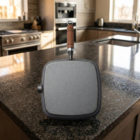 Frying Pan for Induction Hob and Home Cooking, Heavy Duty Cast Iron Skillet with Wood Handle and Tongs, Square Grill Pan, Outdoor Cooking Gear