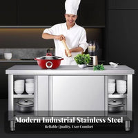 Rustproof Stainless Steel Work Table Cabinet Easy to Clean Heavy Duty Prep Table Sliding Doors Adjustable Feet Kitchen Cabinet with Sliding Doors Waterproof for Restaurant Employees, Home Cooks, Hobbyists, Hotel, Warehouse, Workshop, Garage