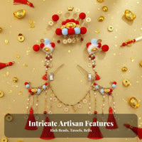 God of Wealth Hair Crown Dangling Coins Chinese New Year Hair Crown Set Red Tassel Decorative Puff Headdress for Event S