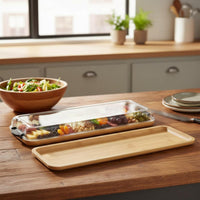 Built-in Compartments Bamboo Serving Tray with Lid Easy-Snap Locking System Divided Food Tray with Handles Food-Safe Safe Reversible Compartment Platter for Party Hosts, Picnic, Potluck