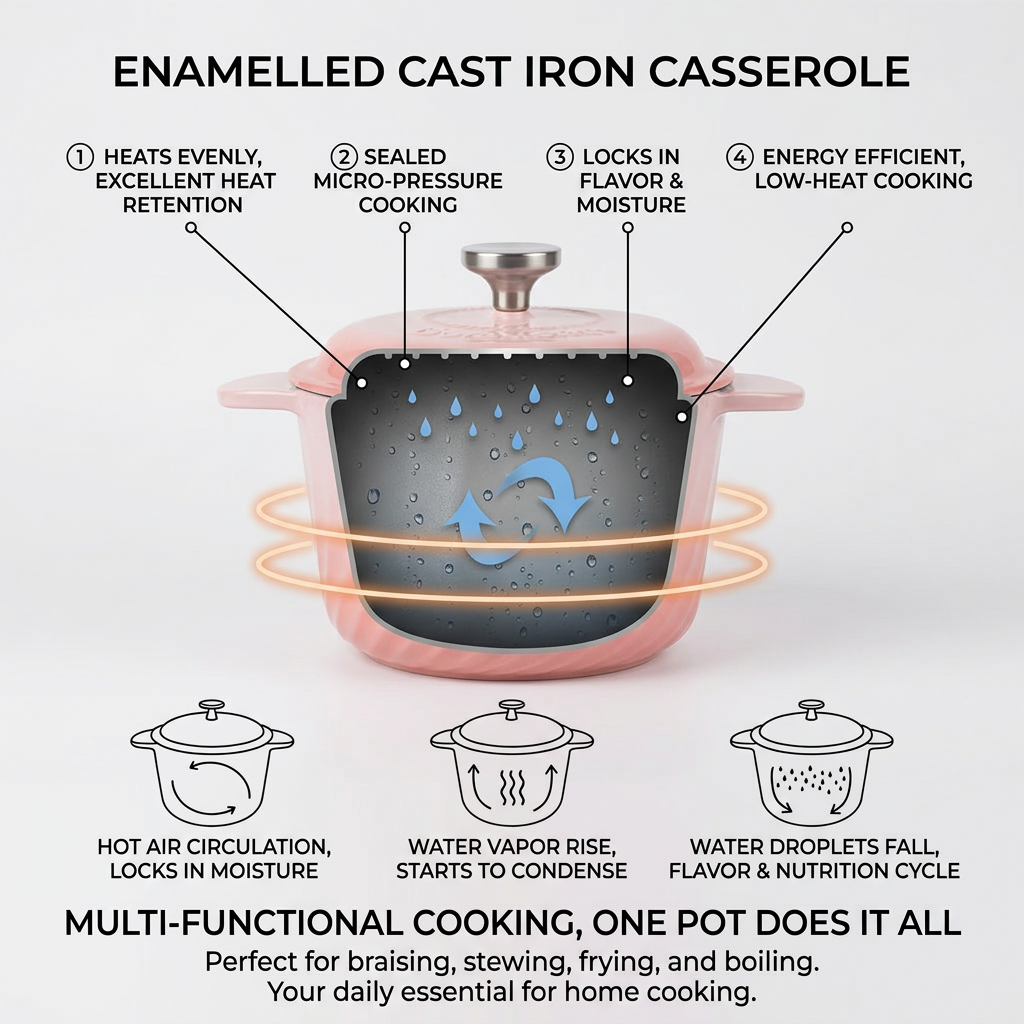 Cast Iron Dutch Oven, Spiral Texture Enamel, Micro Pressure Lock, Braising Stews, Enamelled Cast Iron Stovetop, Heavy Duty Pot