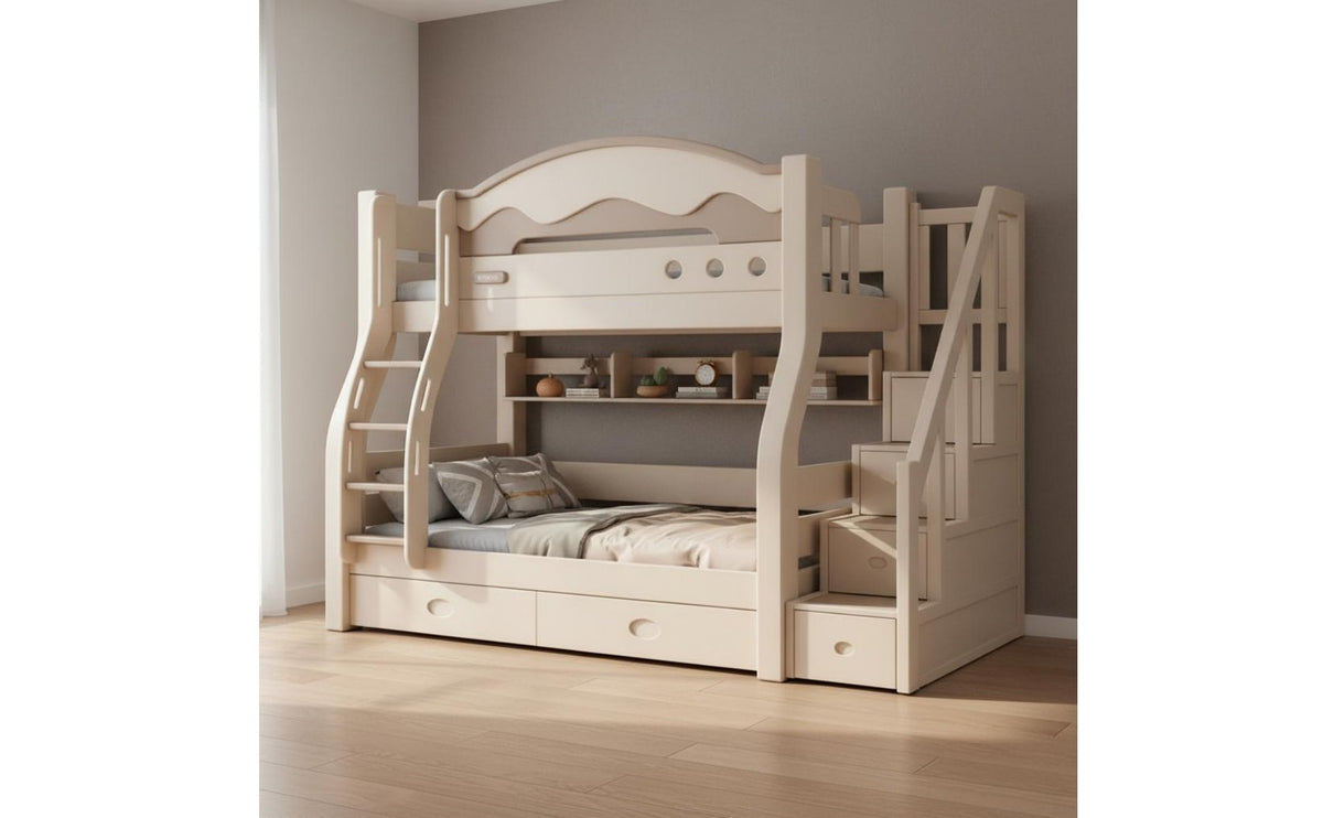 Solid Wood Bunk Bed Sturdy Construction Bunk Bed with Stairs and Storage Space Saving Bedroom Furniture for Children, Shared Room
