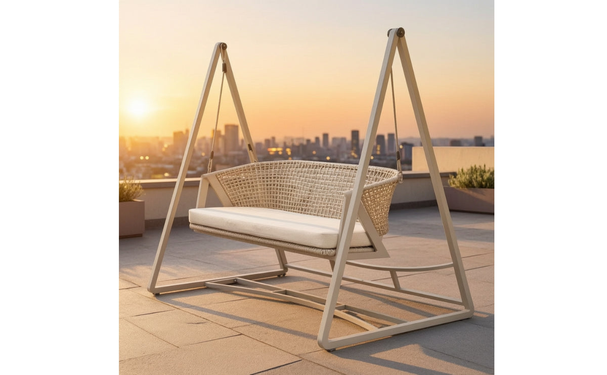 Cushioned Outdoor Swing Chair with Triangular Frame Woven Freestanding Hanging Chair Heavy-Duty Furniture Comfortable for Garden, Backyard