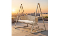 Cushioned Outdoor Swing Chair with Triangular Frame Woven Freestanding Hanging Chair Heavy-Duty Furniture Comfortable for Garden, Backyard