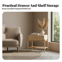 Rattan Design Nightstand with Storage Vintage Aesthetic Single-Drawer Stand with Woven Shelf Minimalist Design Bedside Table Rounded Corners for Guesthouse Owners, Apartment Dwellers, Homeowners, Bedroom, Small Areas, Hotel Room, Office