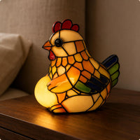 Black Outline Hen Holding Egg-Shaped Light Multicolored Stained Glass Hen Lamp Translucent Chicken Egg-Shaped Lamp Decorative