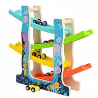 Early Learning Wooden Car Ramp Toy Inertia Powered Multi Level Car Slide for Toddlers, Kids