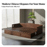 Extendable Classic Bed Multifunctional Solid Wood Storage Sofa Bed Space Saving Walnut Daybed with Drawers for Guests, Adults, Living Room, Sleepovers