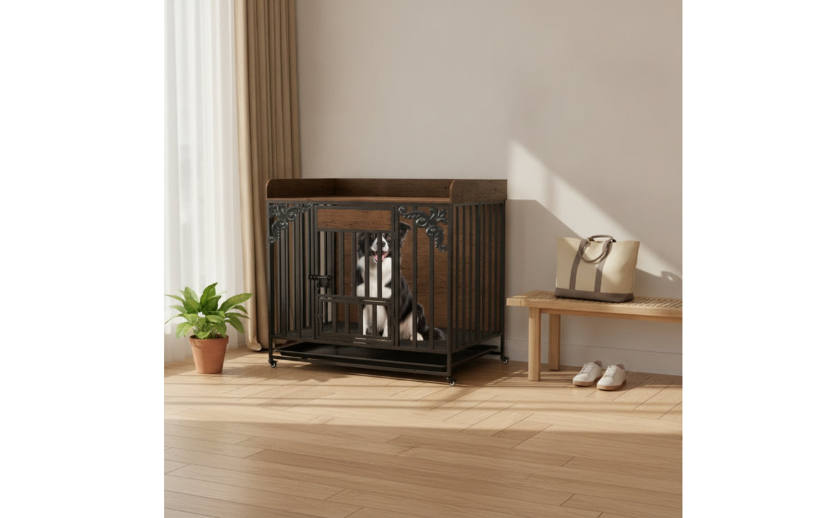 Easy to Clean Dog Crate with Pull-out Tray Sturdy Wooden Dog Crate Compact Storage Pet Cage Rustic for Bedroom