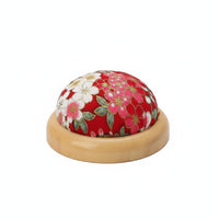 Floral Print Wooden Base Pincushion Decorative Textile Dome Needle Cushion Round Sewing Pin Cushion for Sewers, Craft Table