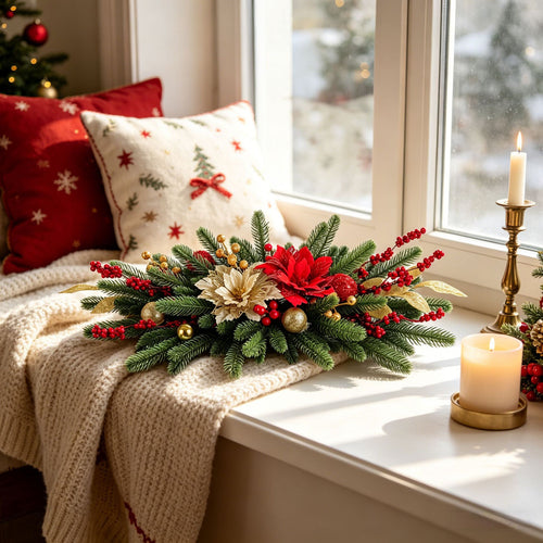 Christmas Candle Holder with Red Berry Decor for Tabletop