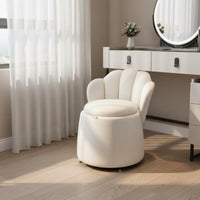 Back Makeup Chair Full Rotation Wheels Shell Back Storage Stool Soft Upholstery Rolling Vanity Ottoman for Women, Bedroom, Nail Salon