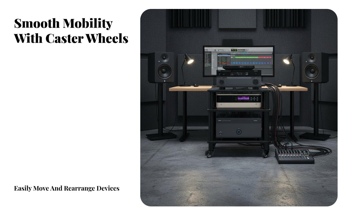 Shock-Absorbing Design Amplifier Shelving Unit Stable Steel Frame AV Media Stand with Wheels Heavy-Duty High-Fidelity Equipment Stand Lockable Casters for Audiophiles, Home Theater, Living Room