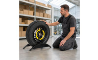 Black Metal Upright Tire Display Rack Cylindrical Arms Single Tire Holder Welded Frame Garage Storage Polished Finish for Showroom