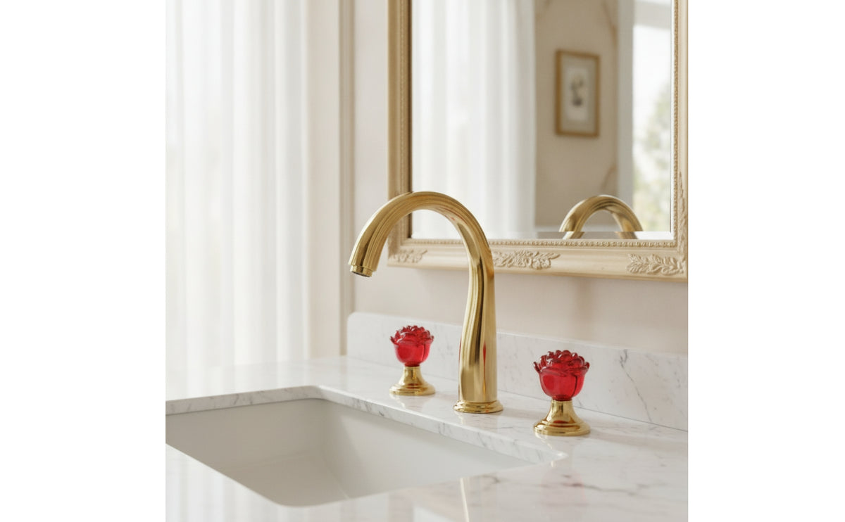 Polished Gold Two-handleHandle Bathroom Faucet Arched Spout Basin Mixer Tap Hot and Cold Three-Hole Faucet Leak-Resistant-Drip-Resistant for Vanity, Washroom