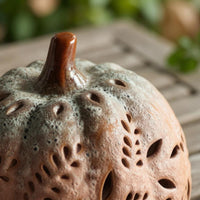 Reactive Glaze Hollow Ceramic Pumpkin Hand-Carved Lighted Pumpkin Ornament Openwork Cutouts Fall Decoration Battery-Powered