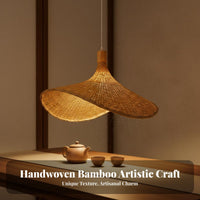 Handmade Woven Bamboo Hanging Light Vintage Design Straw Hat Ceiling Light Adjustable Height Woven Straw Hat Lamp for Teahouse Owners, Interior Designers, Homeowners, Tea Room, Restaurant, Guesthouse, Cafe