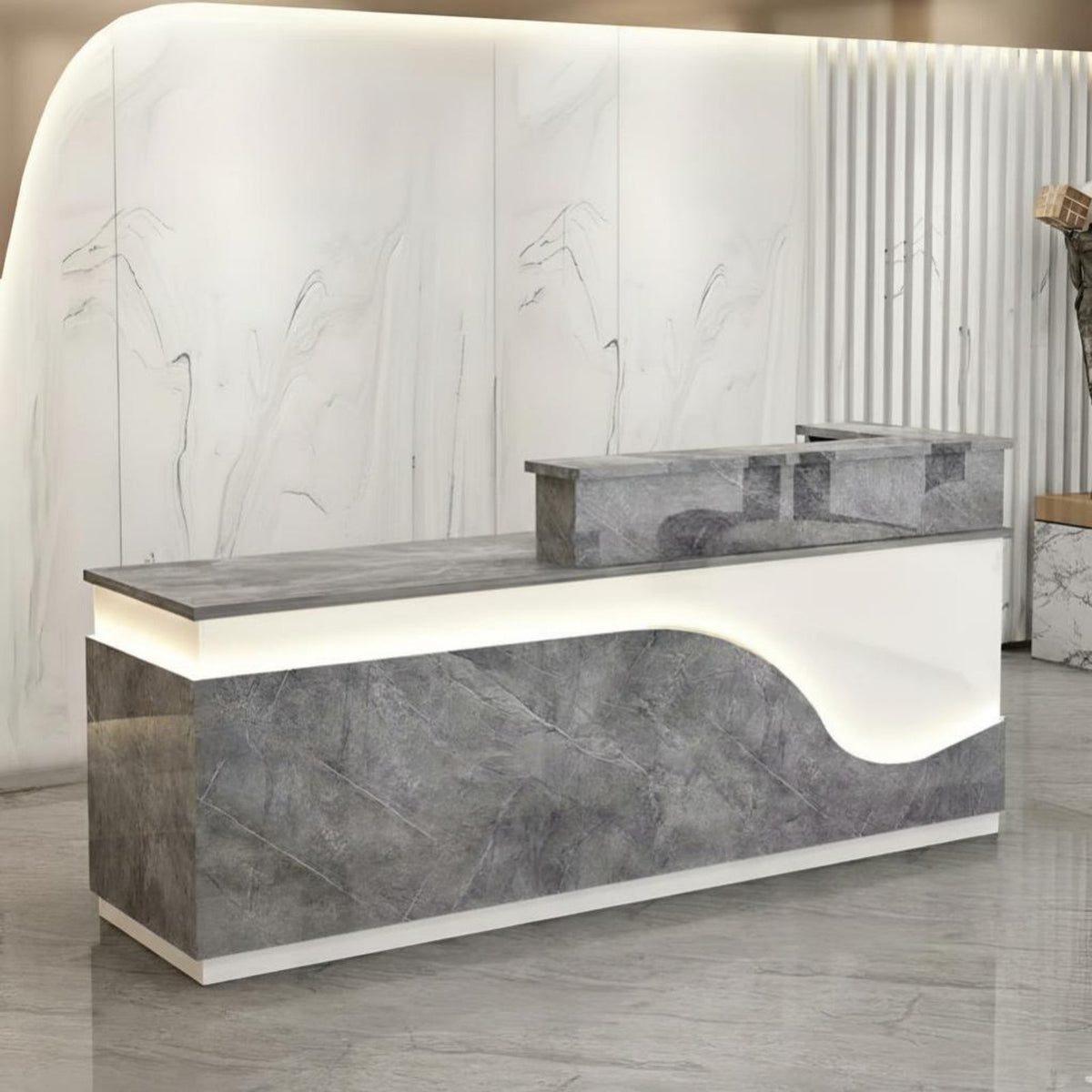 Bar Counter, Reception Desk with Corner Design, Modern Faux Marble for Boutique, Salon, Office