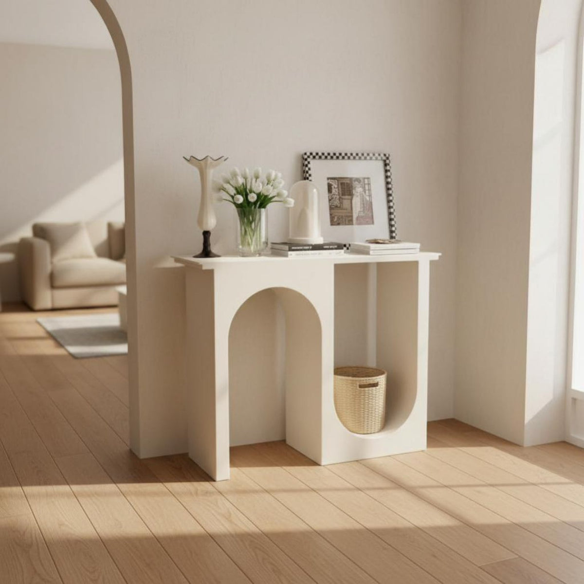 Creative Arch Design Arched Base Display Shelf Narrow Profile Console Table with Circle Base Easy to Clean Entryway Stand Solid Construction for Apartment Dwellers, Homeowners, Hallway, Living Room, Behind Sofa, Bedroom