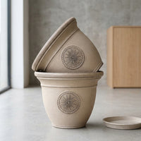 Plant Pots and Flower Pots, Round Embossed Resin Planter with Saucer, Heavy Duty Outdoor Planter for Garden Decor and Floor Standing Home Decor
