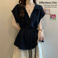 Ladies Tops Womens Blouses with Faux Layered Design and Tie Waist Belt, Loose Fit Pullover Shirt for Office Wear, Business Casual for