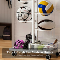 Space Saving Ball Storage Rack Versatile Basketball Stretching Mat Rack Easy Assembly Multi-Tier Sports Equipment Holder Heavy Duty for Families, Kids, Home Gym, Playroom