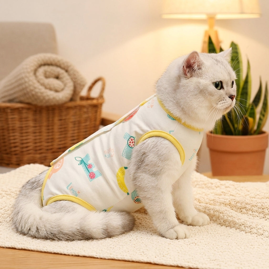 Cat Recovery Suit with Zipper, Thin Bodysuit in Polyester, Four-Leg Cat Suit for Post-Surgery Clothing, High Neck Anti Licking Weaning Protection