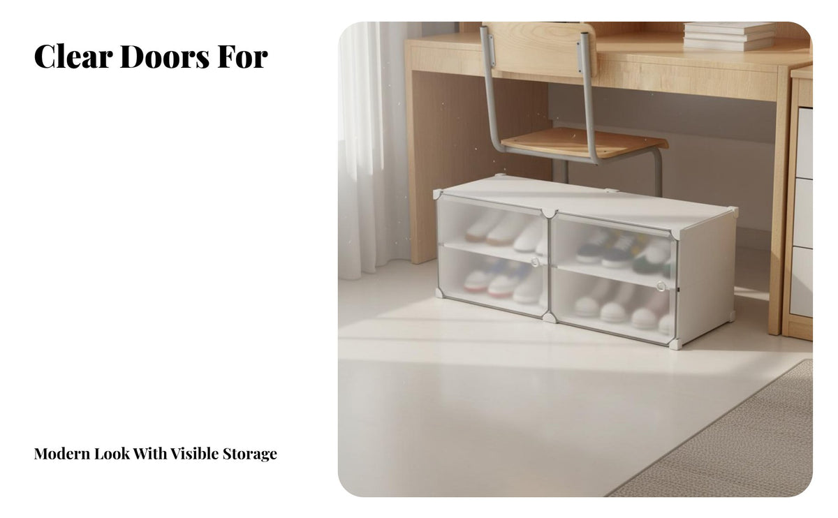 Space-Saving Under Desk Shoe Rack Easy Assembly Stackable Shoe Box Long-Lasting Material Clear Plastic Storage Bin Dustproof for Students, Adults, Renters, Dorm Room, Bedroom, Closet, Entryway