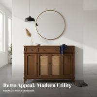 Chinese design Rattan Door table Large Capacity 2-Door Rattan Cabinet Vintage Design Sideboard sturdy Wood Legs for home dwellers, Renters, Dining Room, Entryway, Hallway, Kitchen