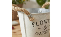 Hand-Painted Metal Bucket Planter Distressed Finish Bucket Flower Pot Printed Lettering Rope Handle Planter Tapered Shape