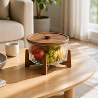 Genuace Glass Fruit Bowl with Lid and Wooden Base for Living Room, Coffee Table, Office