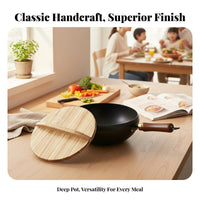Small Non-Stick Wok Long-Lasting Handmade Wok Pan Wooden Handle Iron Pot Rust Protection Lidded Deep Stir-Fry Pan