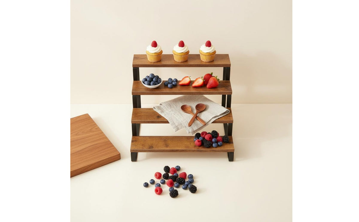 Space Saving 4 Tier Display Riser Multi-Functional Wooden Dessert Stand Multifunctional Tiered Display Stand Sturdy Construction for Kitchen Counter, Party, Vanity