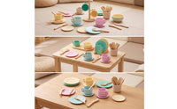 Wooden Play Dishes Set Pastel Pretend Play Tableware Toy Dishes with Stand, for Kids