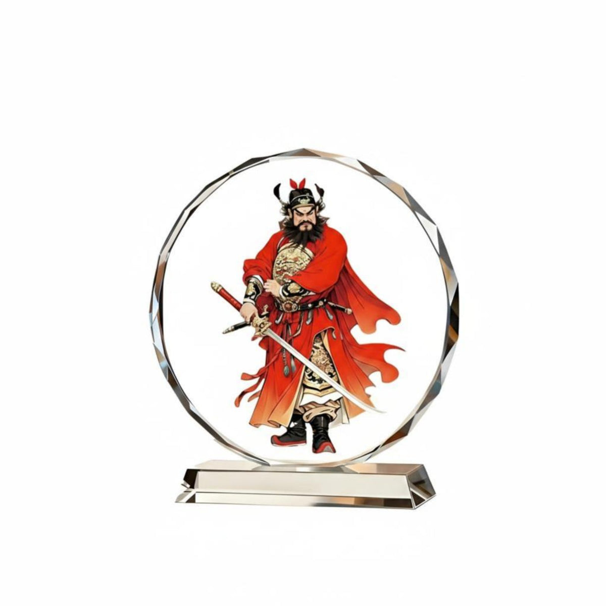 Crystal Zhong Kui God Statue, Wooden Base, Taoist Protective Decor, Home Decoration