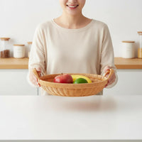 Handmade Double-Handle Fruit Basket Easy to Carry Handwoven Fruit Basket Multi-Purpose Round Woven Tray Multipurpose for Tabletop, Dining Room