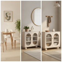 Sideboard Cabinet with Glass Doors Modern Sideboard Buffet Cabinet Stone-Look Credenza for Dining Room, Kitchen