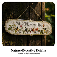 Floral and Bird Motif Metal Welcome Sign Scalloped Edges Hanging Welcome Plaque Gold-Tone Chain Hanging Wall Sign Pale Green Trim for Fence