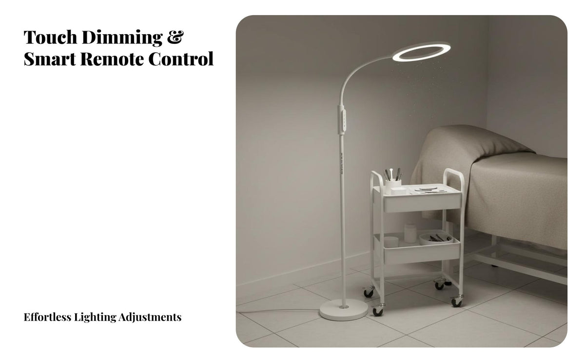 High Color Rendering Eyelash Extension Light Flicker-Non-Flicker Shadowless Floor Lamp Stable Base LED Lash Light Press Control for Makeup Artists, Nail Technicians, Spas, Facial Treatments Studios, Home