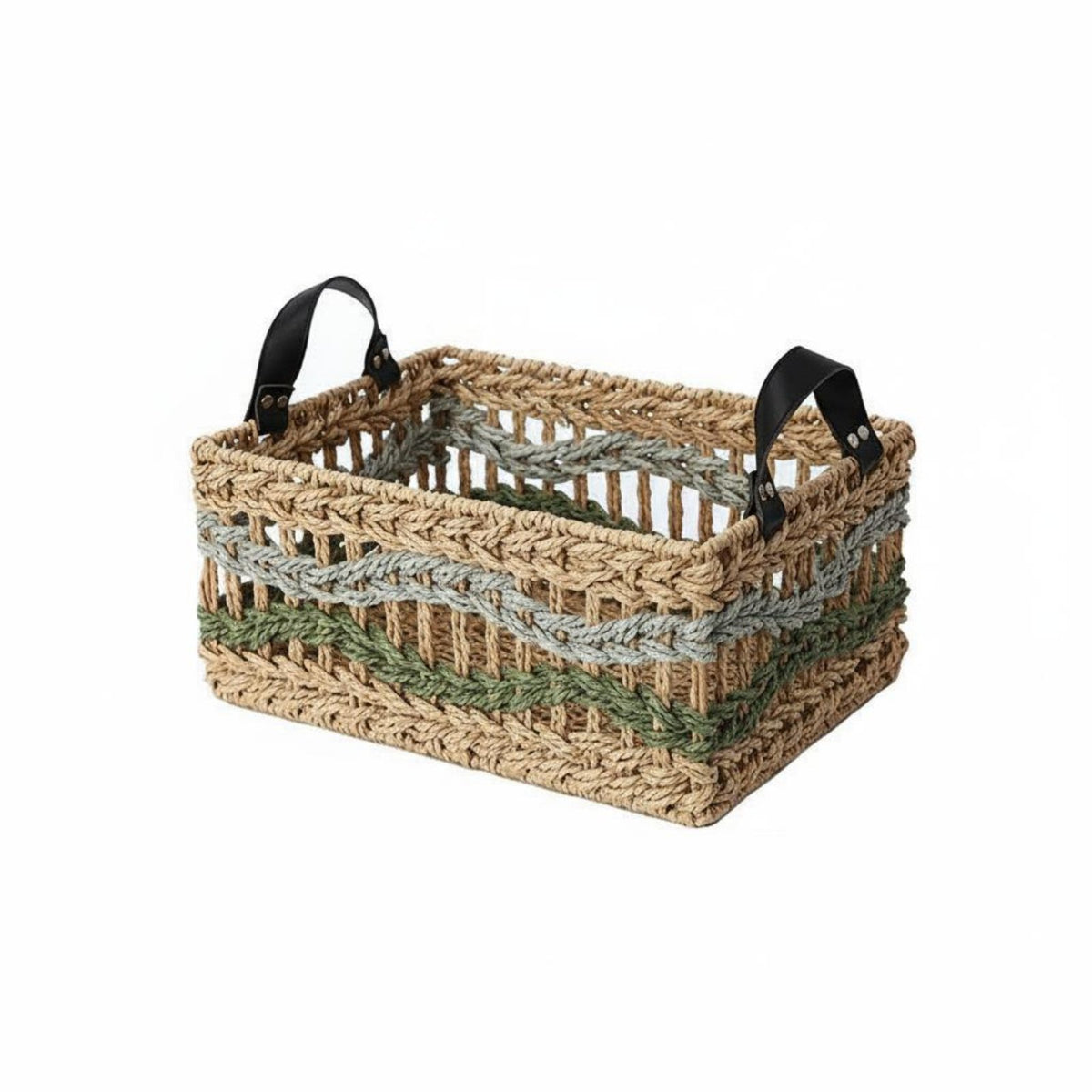 Braided Organizer Basket Multi-Functional Decorative Basket with Handles Large Capacity Paper Rope Organizer Bin for Desktop, Living Room, Shelves