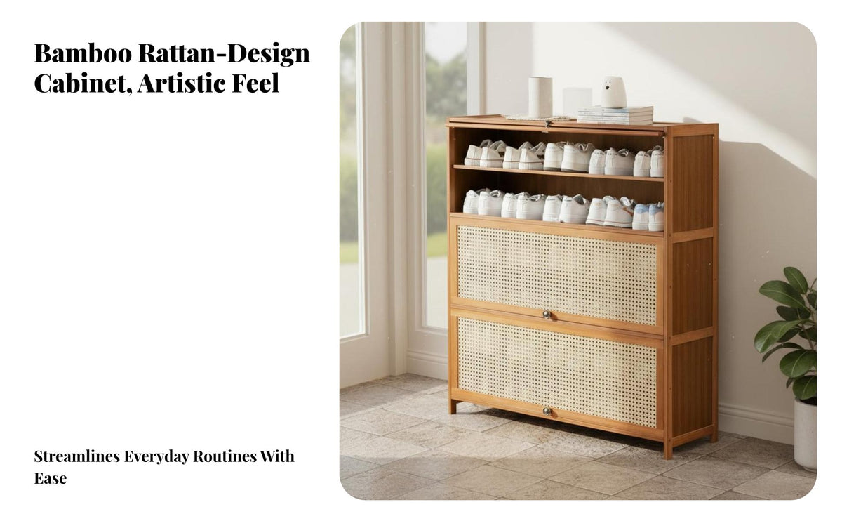 Dustproof Multi-Layer Rattan Shoe Cabinet Ventilated Design Bamboo Shoe Cabinet with Doors Large Capacity Space Saving for Apartment Dwellers, Homeowners, Families, Entryway, Hallway, Living Room, Bedroom