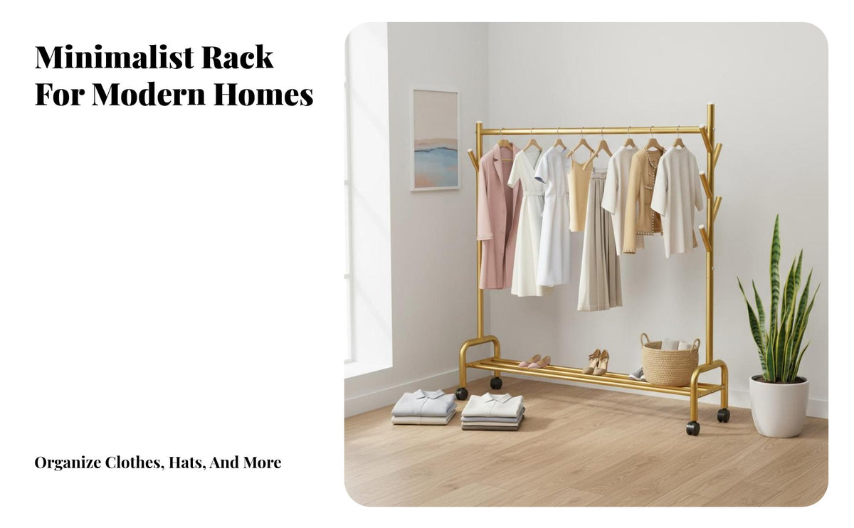 Space-Saving Design Freestanding Clothes Rack Easy Assembly Bedroom Clothes Stand Multi-Functional Metal Clothing Organizer Sturdy Construction for Renters, Homeowners, Students, Apartment, Cloakroom, Dorm Room, Entryway