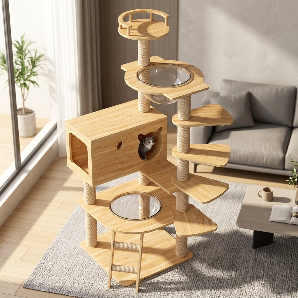 Cat Activity Tree with House and Bed, 5-Level Solid Wood Scratching Board, Ladder Meow and Hammock for Large Indoor Cats to Play and Rest