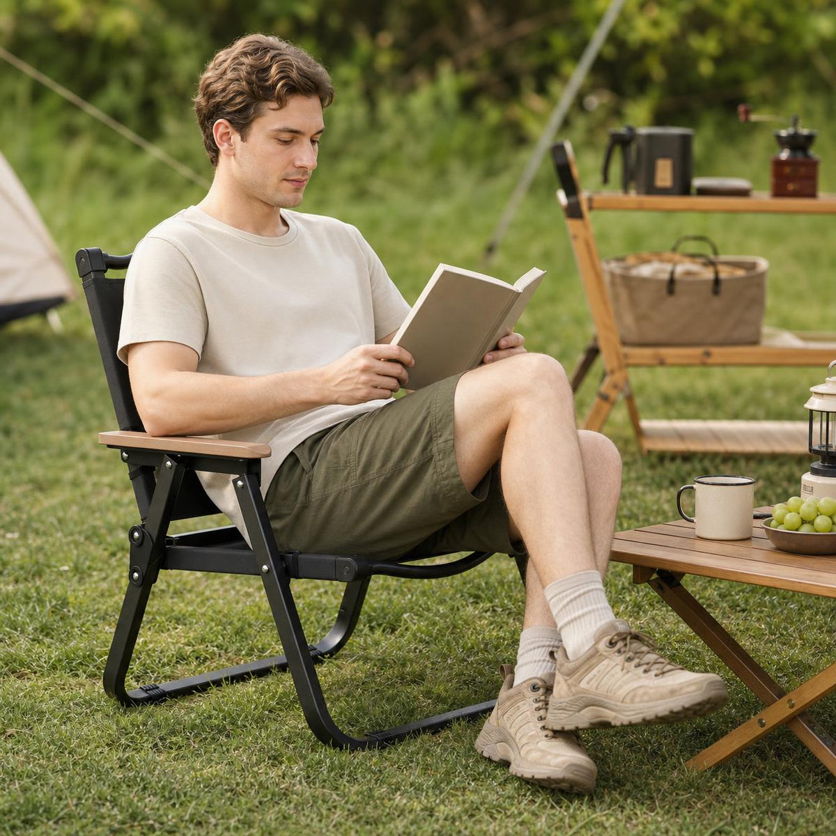 Outdoor Carbon Steel Folding Chair and Table Set, Portable Picnic Camping Beach Chair with Armrests, Kermit Style