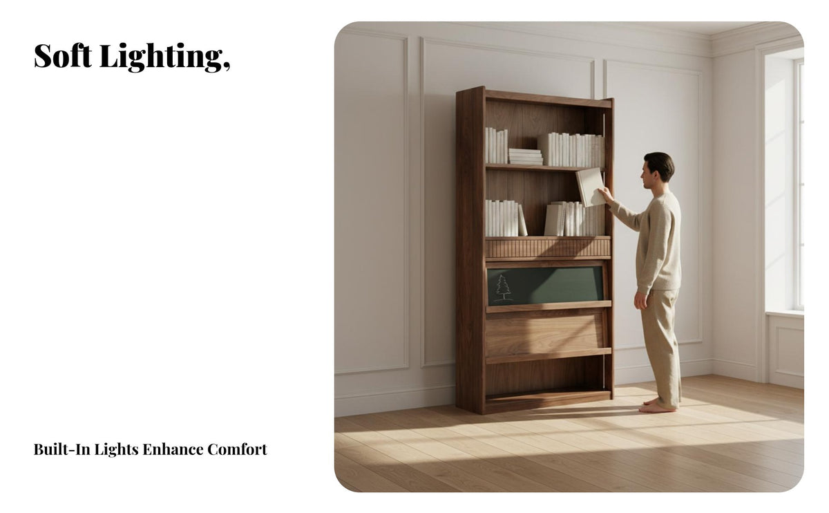 Integrated Seating fullpartitionto-room-to-room Shelving with Seat Large Capacity Tall Cabinet with Doors and Drawer personalizedizable Design shelving unit Enclosed Compartments for Book Lovers, Students, homeowners, Living Room, Study, Bedroom