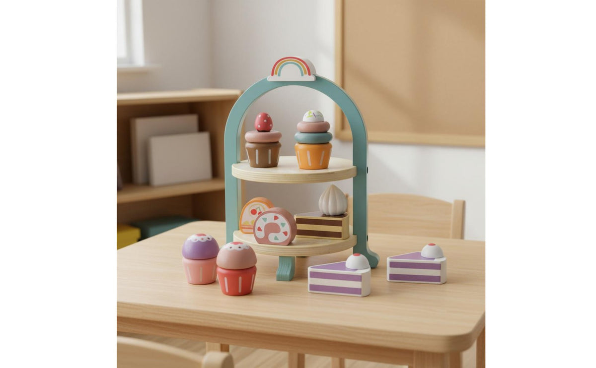 Wooden Dessert and Tea Playset Role Children's Play Afternoon Tea Toy Wood Wooden Cake Toy Set for Preschoolers, Young Children